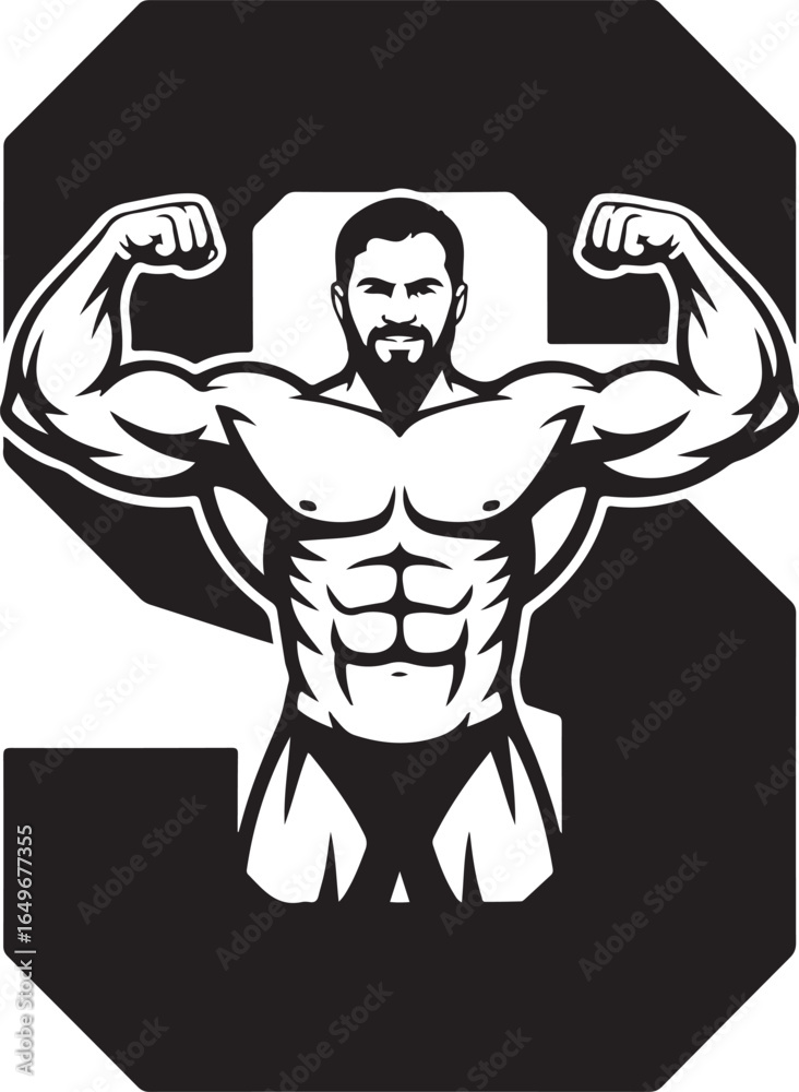 Fototapeta premium Muscular man flexing biceps within a large letter S graphic bodybuilder muscle