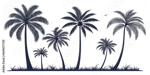 Silhouette Palm Trees Scene with Bird, tropical ,island