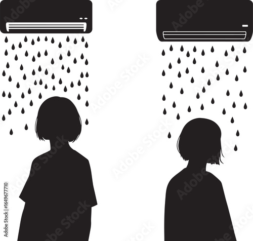 Two people standing under air conditioners with water dripping silhouette
