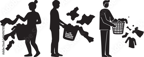 Three people in silhouette doing laundry with clothes flying around them silhouette