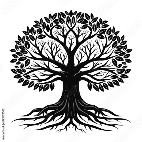 Stylized black and white illustration of a tree of life with intricate roots and branches, symbolizing growth and connection, isolated on white background