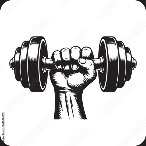 Hand gripping a dumbbell in a black and white illustration with woodcut style weightlifting fitness