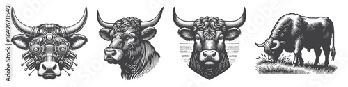 Vintage Hand-Drawn Cattle Cyborg Illustration, Futuristic Farm Animal Engraved Vector for Sci-Fi and T-Shirt Design