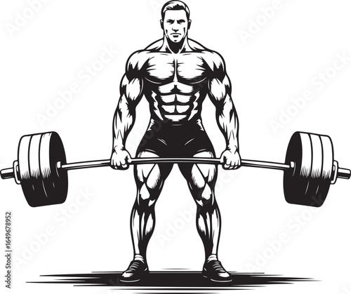 Fit man with ripped abs holding a barbell in a black and white illustration bodybuilder fitness