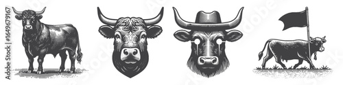 Vintage Hand-Drawn Cattle Wearing Hat Illustration, Farm Animal Engraved Vector for Fun and T-Shirt Design