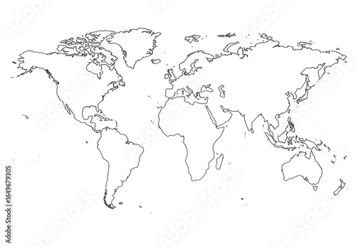 Wallpaper Mural Clean world map outline showing all continents with simple black lines on white background ideal for educational and geographical graphics. Torontodigital.ca