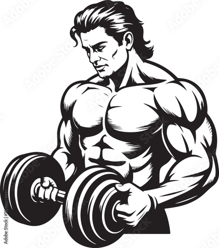 Muscular man with defined abs lifting dumbbells in a black and white illustration bodybuilder fitness