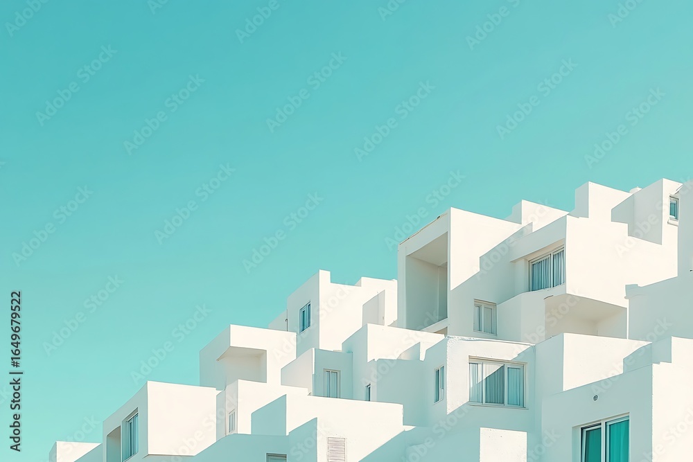 Naklejka premium island houses in all white with bold lines and no clouds in the cyan sky