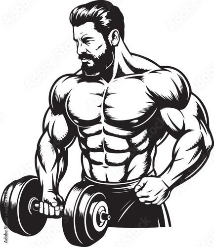 Muscular Man with Beard Lifting a Dumbbell in Black and White bodybuilder fitness