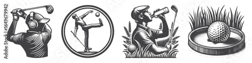 Vintage Hand-Drawn Golf Ball On Grass Illustration, Sports Equipment Engraved Vector for Golf and T-Shirt Design