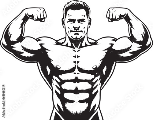 Muscular bodybuilder flexing biceps in black and white vector illustration fitness muscle