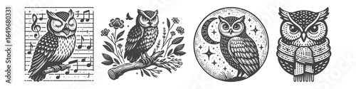 Vintage Hand-Drawn Owl Singing Illustration, Wildlife Bird Engraved Vector for Music and T-Shirt Design