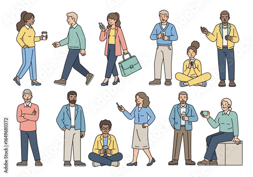 Illustrations of diverse individuals engaging with digital devices, showcasing modern communication, connectivity, and everyday social interactions in a connected world.