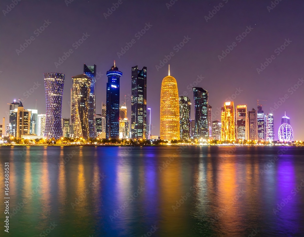 Fototapeta premium City skyline at night, illuminated buildings reflected on water