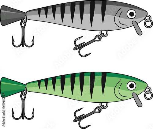 Two vector illustrations of fishing lures in different colors with hooks and detail
