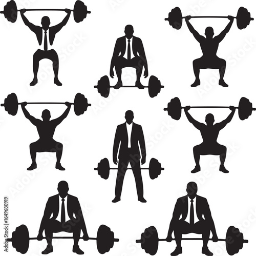 Silhouettes of businessmen performing weightlifting exercises with barbells fitness strength