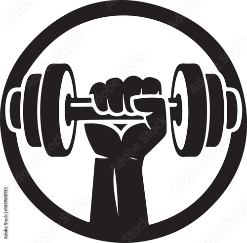 Black silhouette of a fist holding a dumbbell inside a circle fitness weightlifting