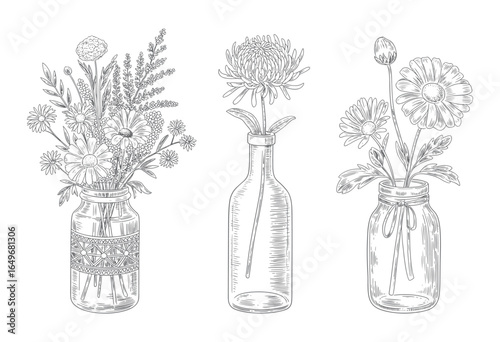 Rustic floral bouquet in vintage vase, engraved in classic botanical style. Vintage potted flowers and leaves in monochrome engraving style.
