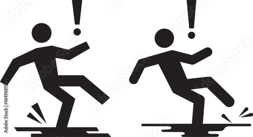 Two black stick figure silhouettes falling on wet slippery surfaces with exclamation marks silhouette