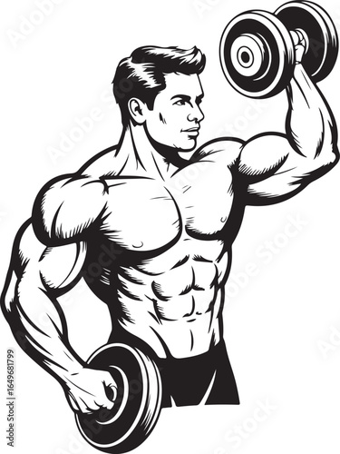 Muscular man lifting dumbbell with one arm on white background bodybuilding fitness