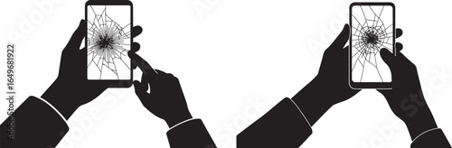 Two black silhouettes of hands holding smartphones with cracked screens