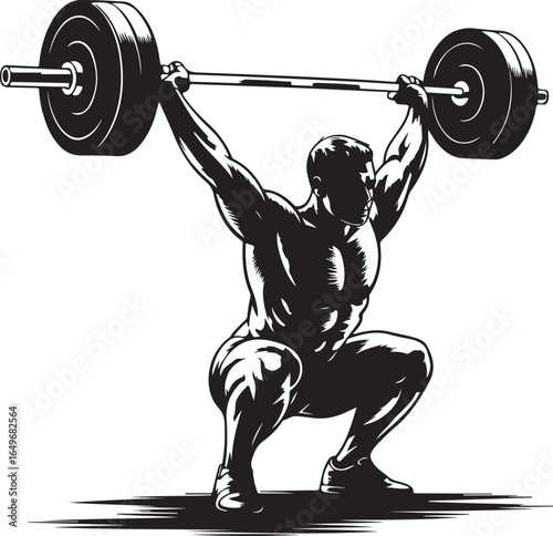 Bodybuilder Performing Squat with Barbell Overhead in Black and White Illustration bodybuilding