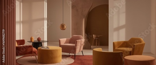 A modern living room with warm, earthy tones.