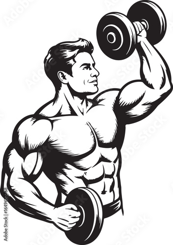 Muscular man lifting dumbbell with one arm on white background bodybuilding fitness
