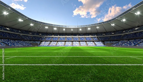 Empty stadium with a vibrant green field under a clear sky.