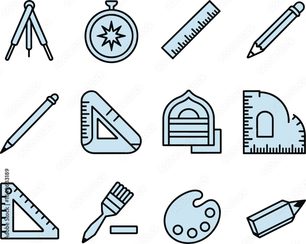 Fototapeta premium Drawing and drafting tools icon collection set on transparent background
