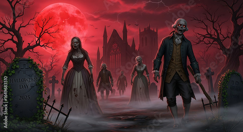 Zombies rising from the graveyard on halloween day under a blood red moon in a spooky atmosphere