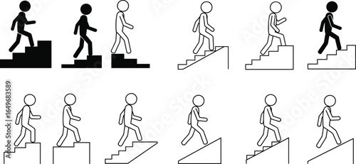 Stickman walking upstairs and downstairs icon set, progress concept, step climb illustration, vector symbols for motivation, goal, success
