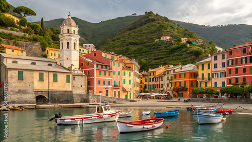 The layout features a cluster of colorful buildings perched on a rugged cliff overlooking the azure Mediterranean Water Place.