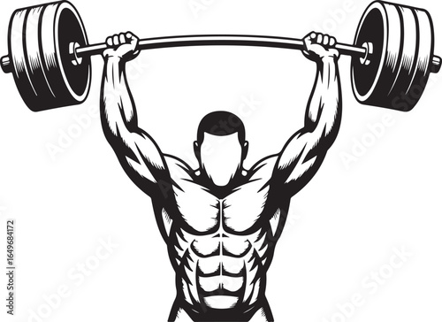 Muscular man lifting a barbell overhead with detailed abs and arms weightlifting