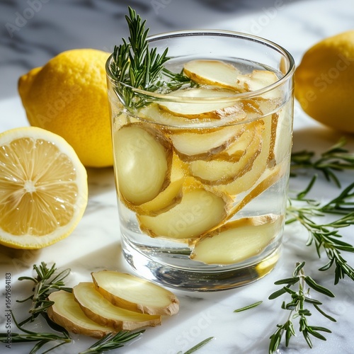A glass filled with sliced ginger and lemon on a marble surface, garnished with rosemary