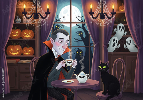 Vampire drinking tea with a black cat in a halloween themed room with pumpkins and ghosts in the background
