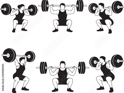 Six Poses of Men and Women Performing Barbell Squats in Black and White weightlifting fitness