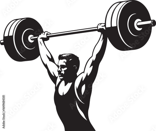 Silhouette of a man lifting a barbell overhead in a weightlifting pose strength