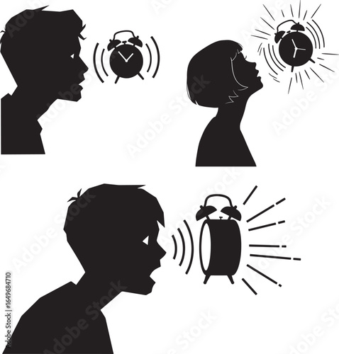 Children s silhouettes reacting to loud alarm clocks waking them up silhouette