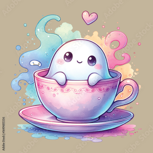 Cute ghost in teacup with pastel colors