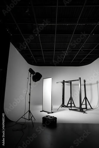 Empty photo studio set with lighting equipment and backdrops ready for a professional photoshoot session with high quality equipment