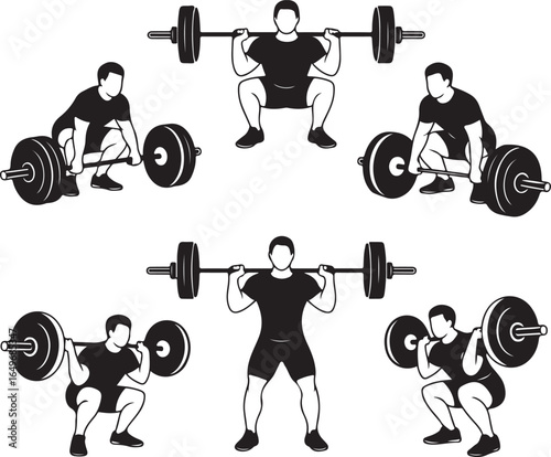 Set of male athletes performing barbell squats and deadlifts in various poses weightlifting strength