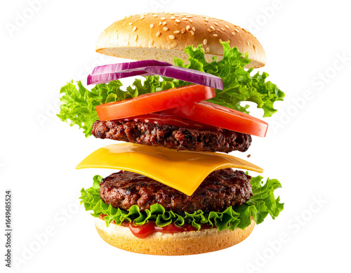 Deconstructed Cheeseburger Ingredients Floating in Mid-Air, Top-Down View, Isolated