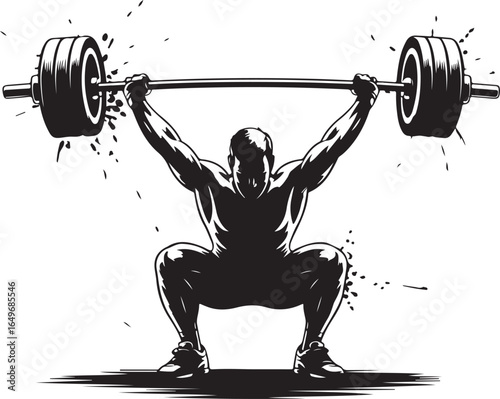 Muscular man performing a barbell squat lifting heavy weights in a dynamic pose weightlifting strength