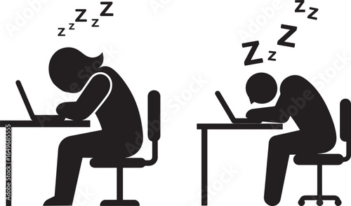 Exhausted office workers sleeping at their desks with laptops in silhouette