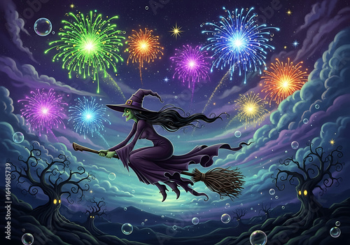 A witch flying on her broomstick with fireworks in the night sky and spooky trees below her path