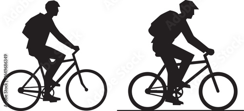 Two cyclists in profile riding bicycles with backpacks silhouette