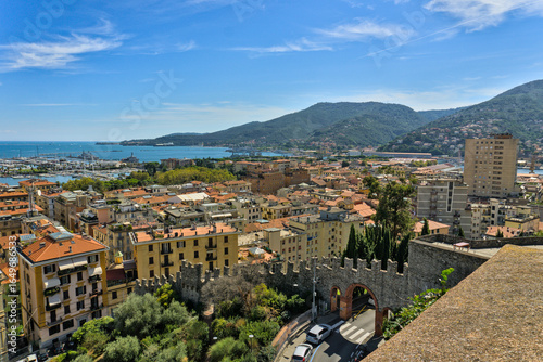 Bild auf Leinwand A panoramic view of the city of La Spezia and its harbor, seen from a castle, sh