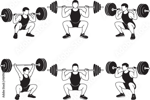Six illustrations of a man performing barbell squats in different stages of the exercise Keywords