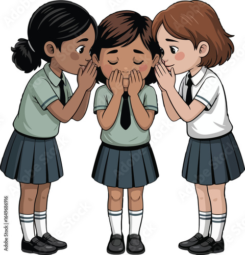 Three schoolgirls whispering secrets, one looking distressed